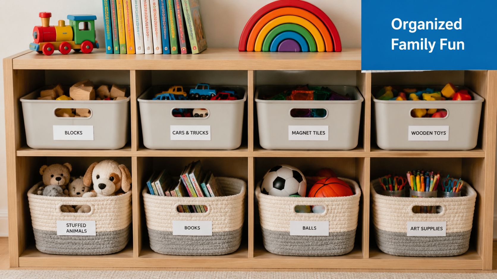 A wooden toy organizer shelf with labels showing organized baskets of toys, books, and art supplies.