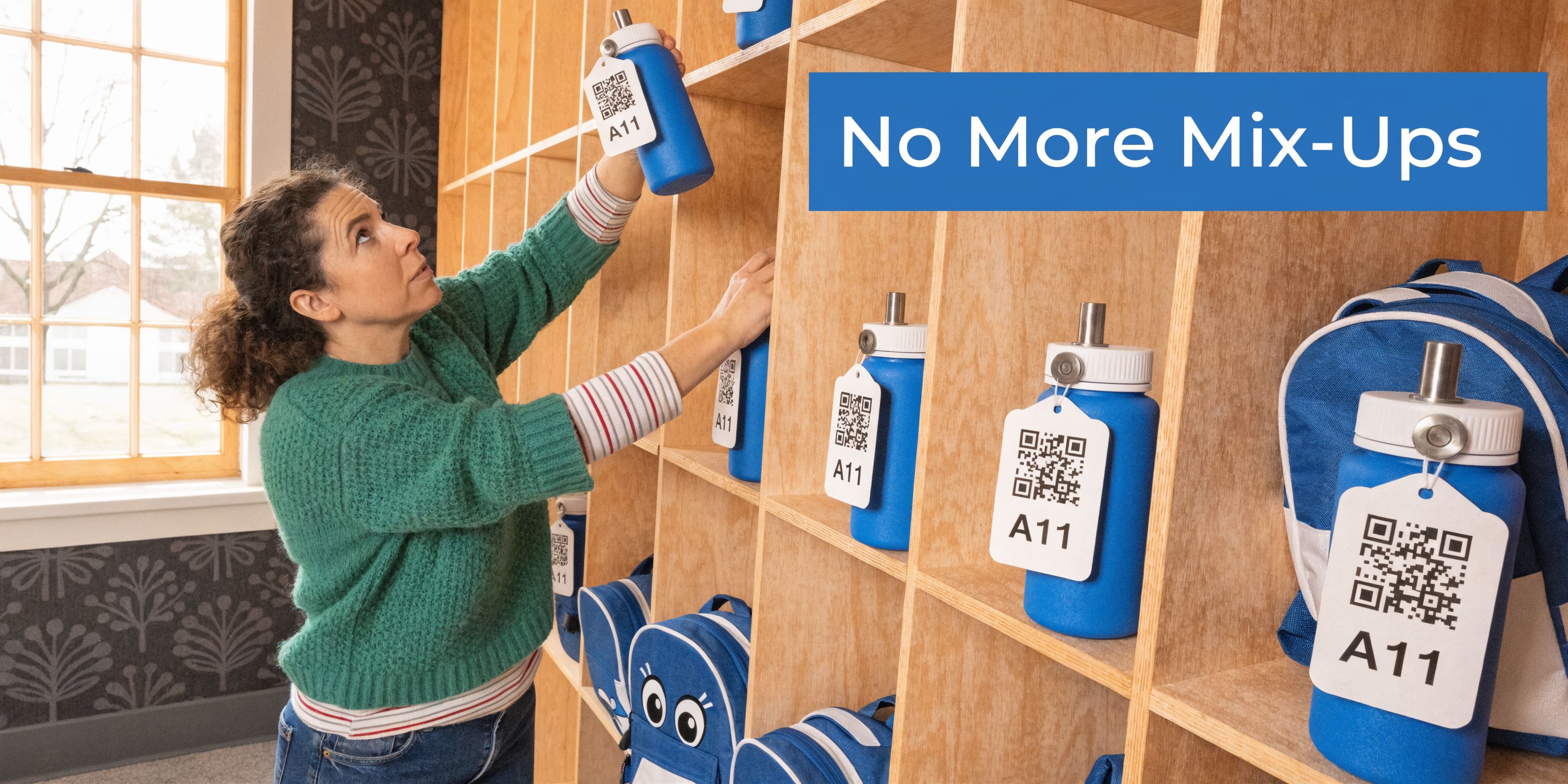 A woman placing a blue water bottle with an A11 identification tag into a wooden cubby shelf.
