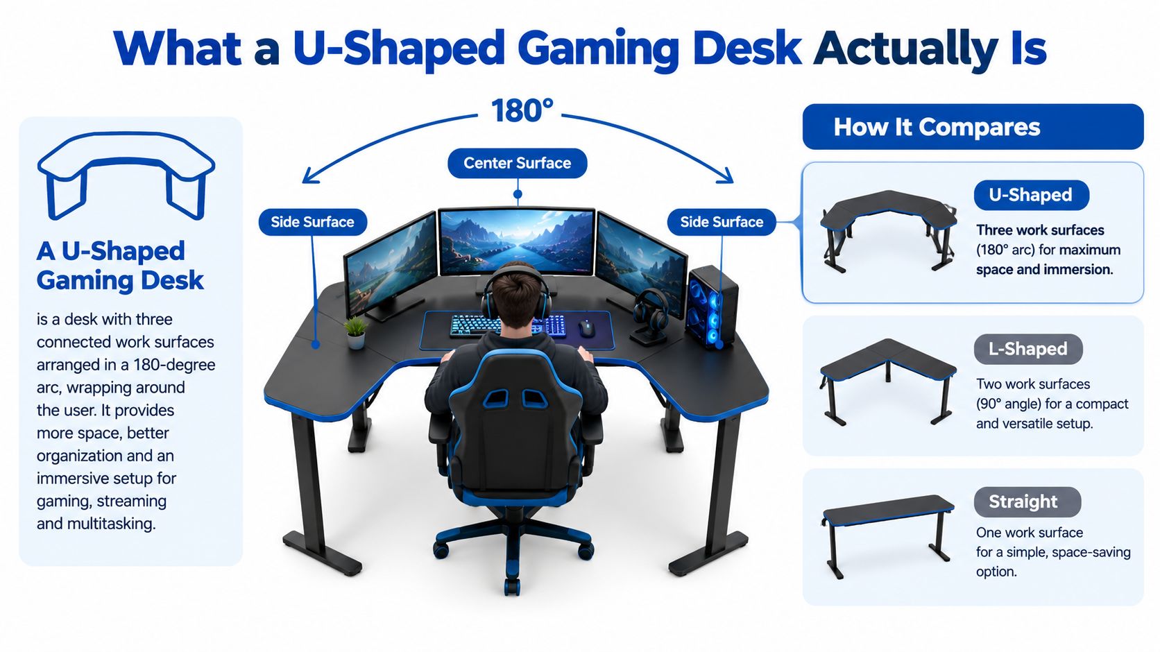 An infographic illustrating the design and features of a U-shaped gaming desk for immersive setups.
