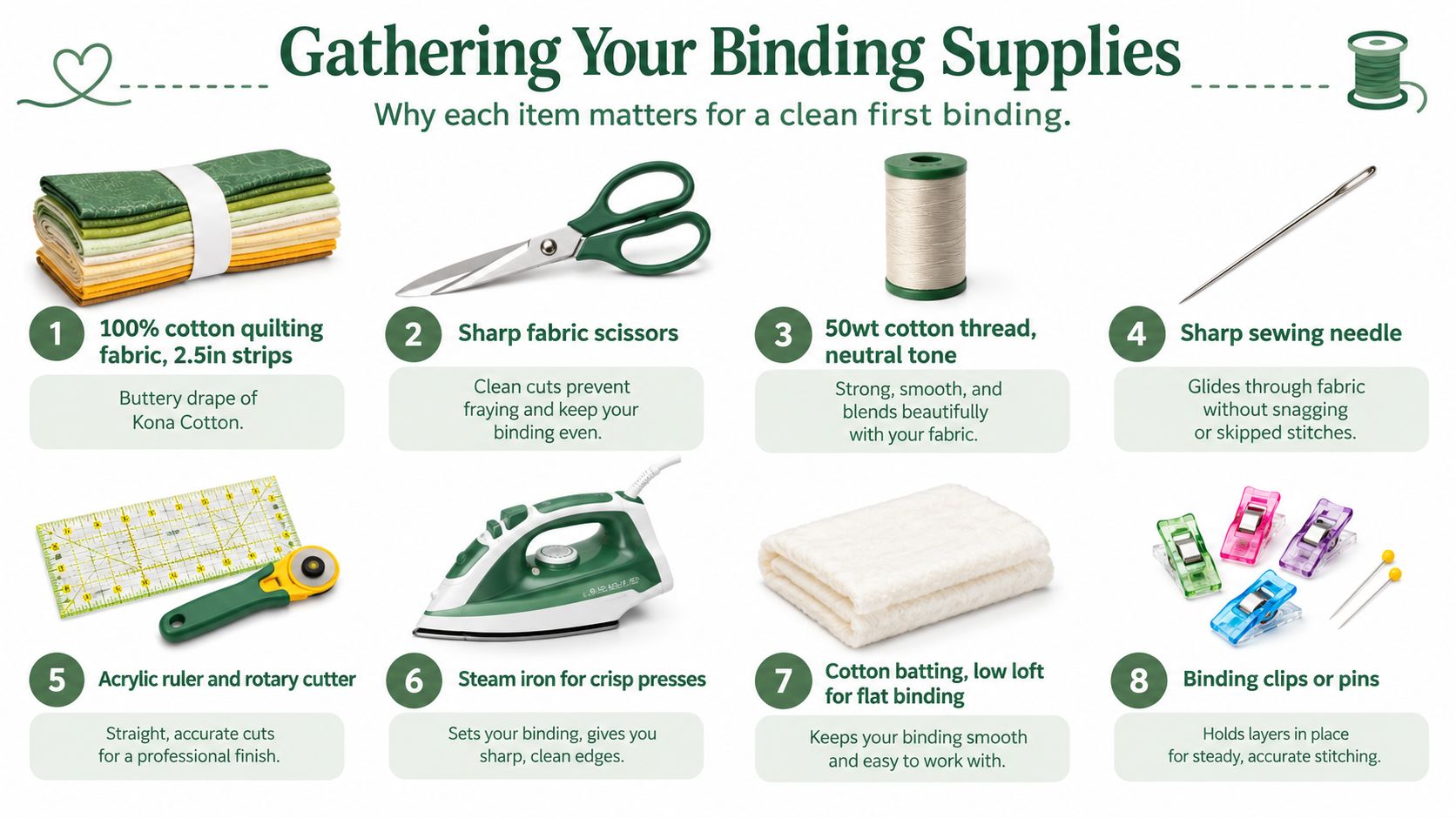An infographic showing eight essential supplies for binding a quilt, including fabric, scissors, thread, and sewing tools.