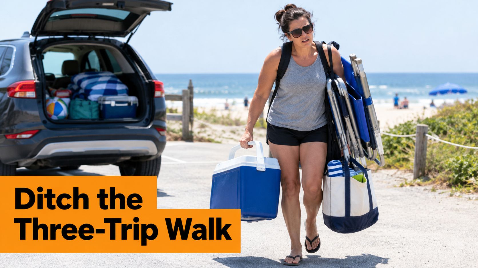 A woman struggling to carry many beach items, encouraging the use of an all terrain beach wagon.