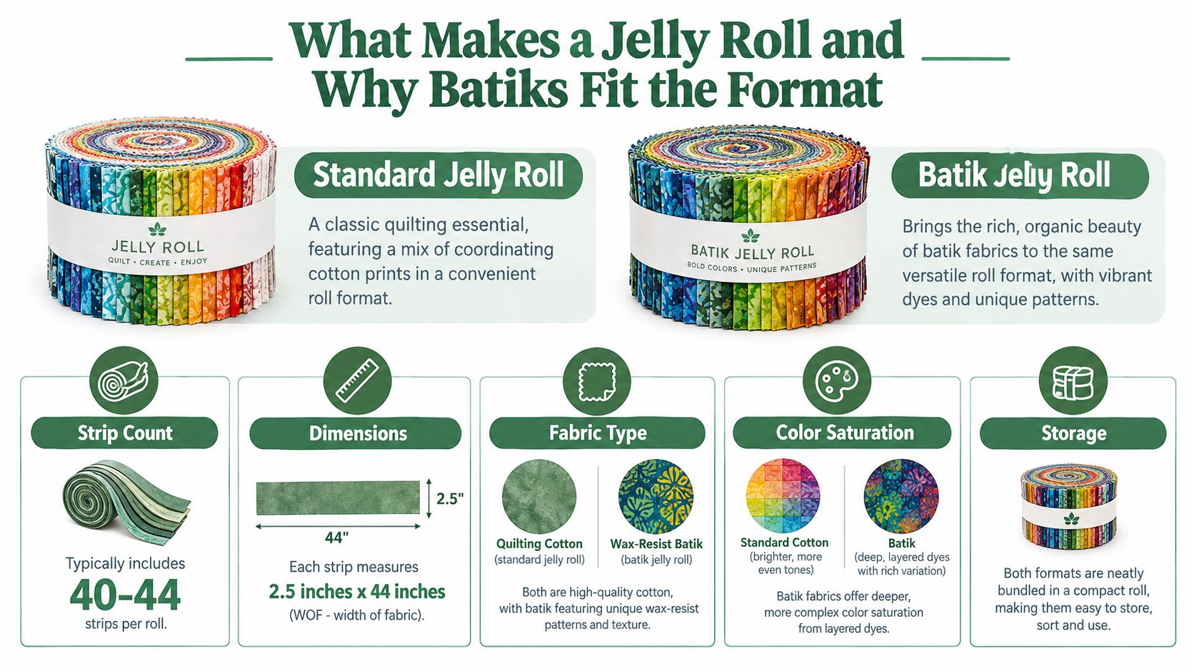 An infographic comparing standard jelly rolls to batik jelly rolls, illustrating dimensions, fabric types, and color characteristics.