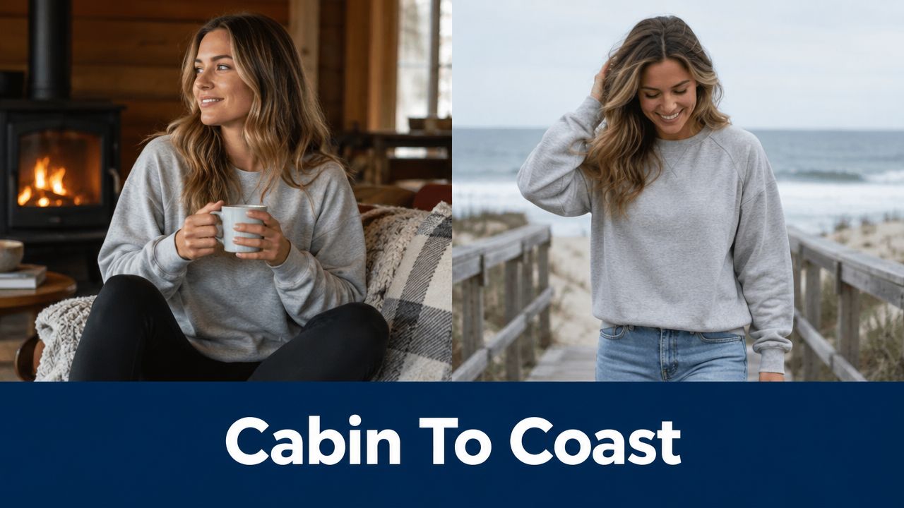 A woman wearing a comfortable heather grey sweatshirt in two different locations: a cozy cabin and a beach.
