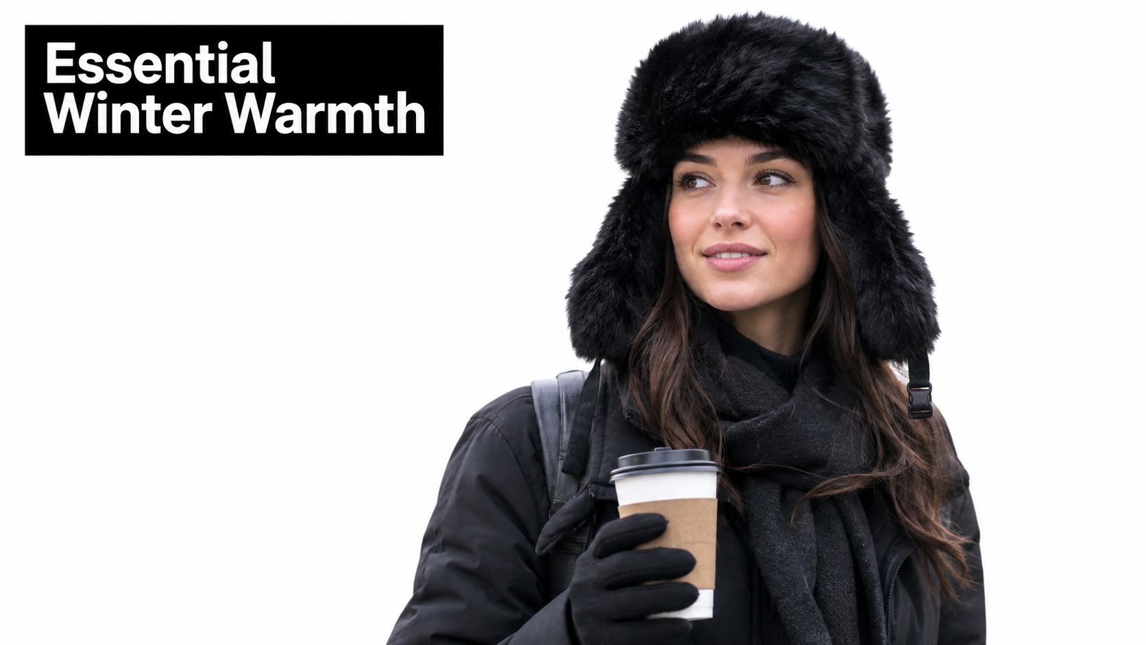 A woman wearing a black faux fur trapper hat, scarf, and gloves holding a coffee cup.