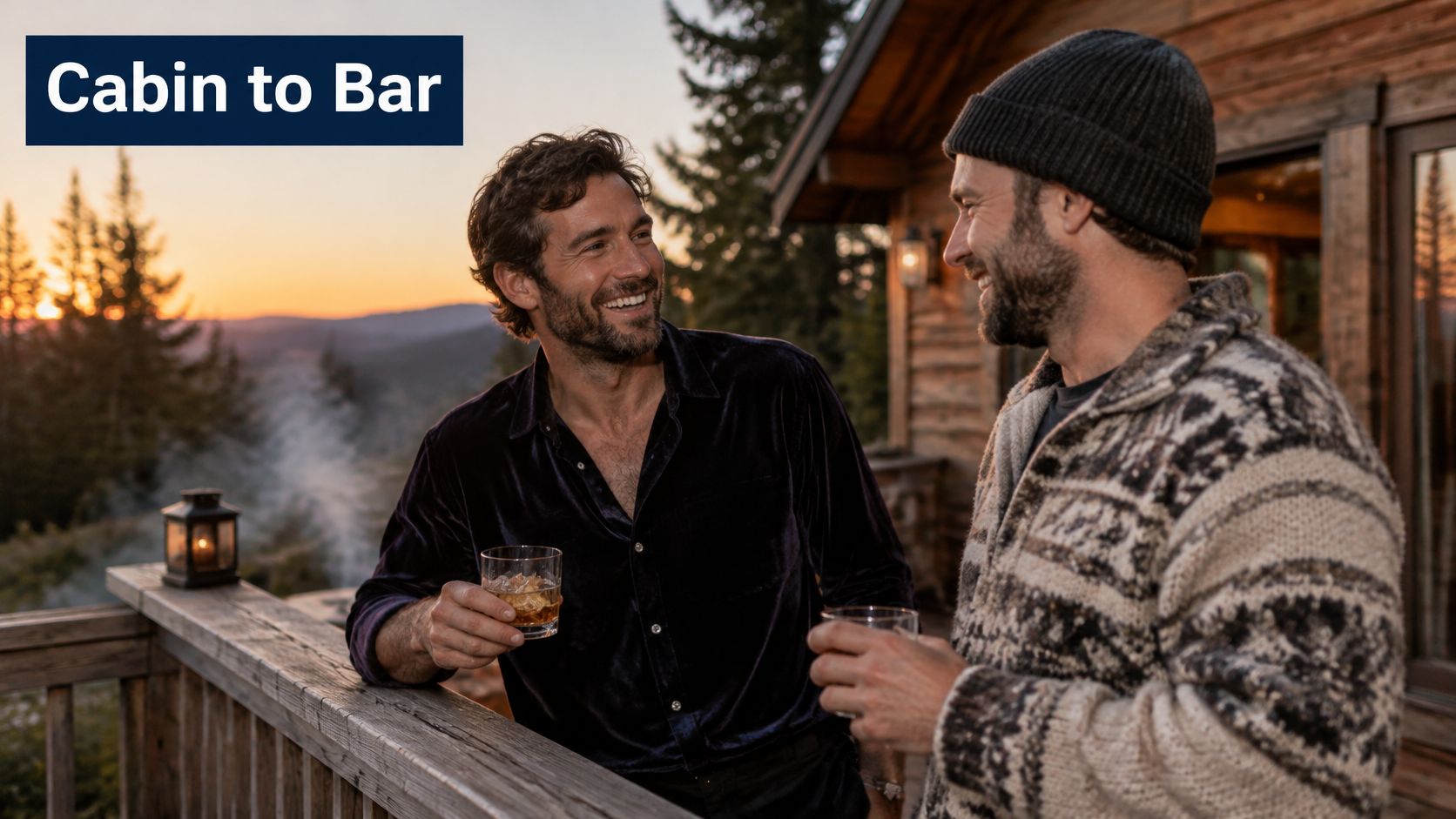 Two men wearing a velvet button down shirt and a warm sweater, enjoying drinks on a balcony.