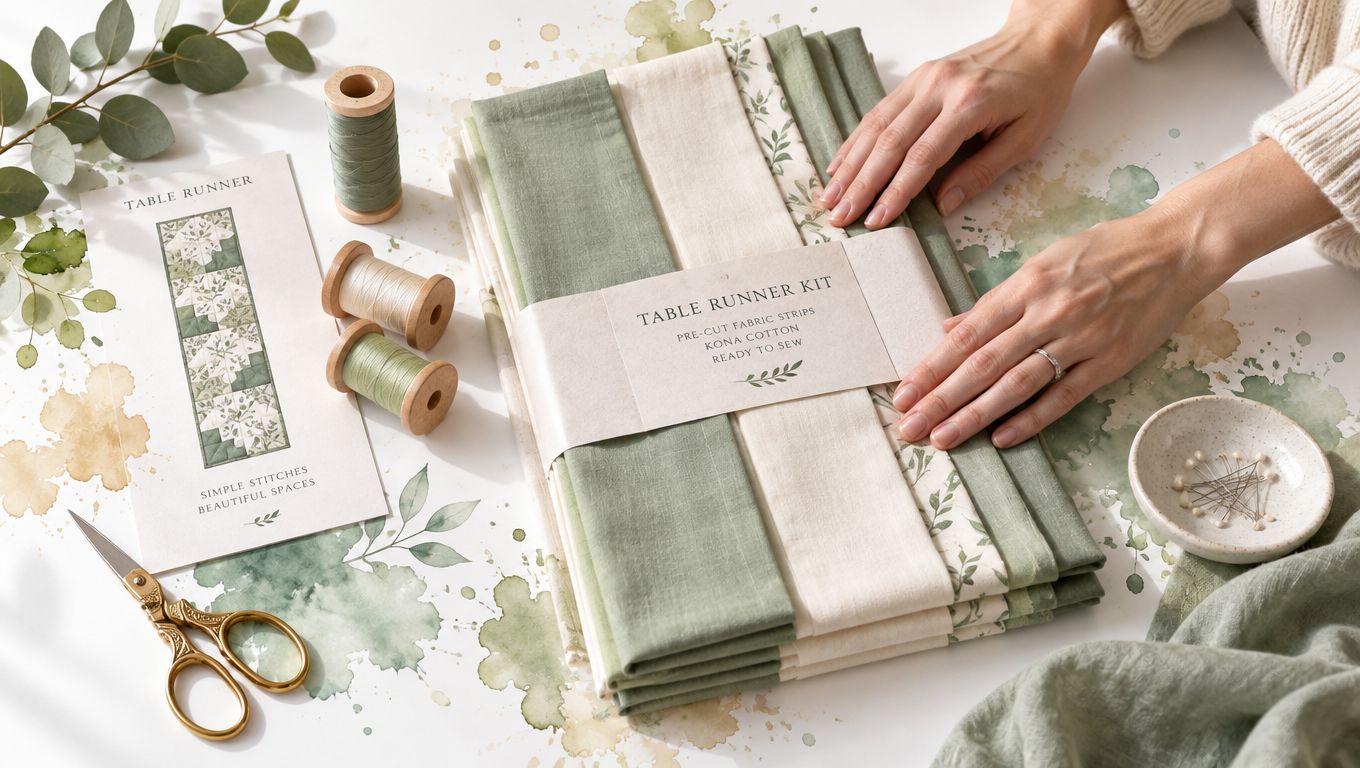 A crafting scene featuring fabric strips for a table runner kit, sewing notions, and decorative leaves.