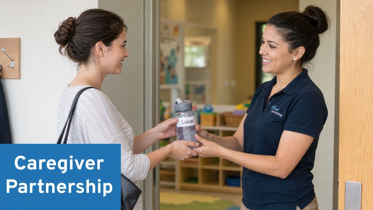 A mother hands a water bottle labeled Lucas to a friendly daycare caregiver in a classroom doorway.