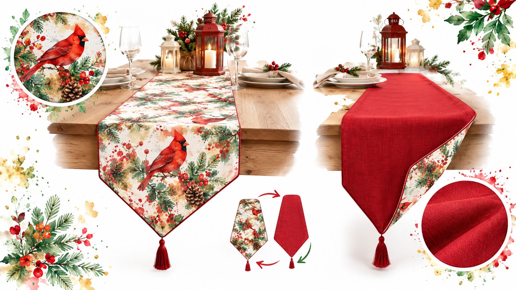 A reversible Christmas table runner featuring a cardinal and pine design on one side and solid red fabric.