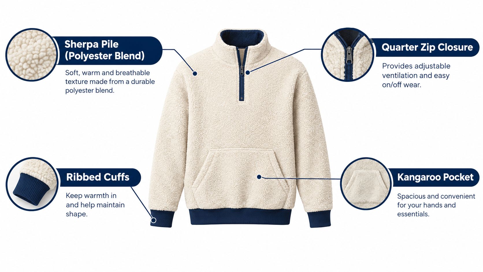 A beige quarter-zip sherpa pullover fleece featuring blue ribbed cuffs and a convenient front kangaroo pocket.