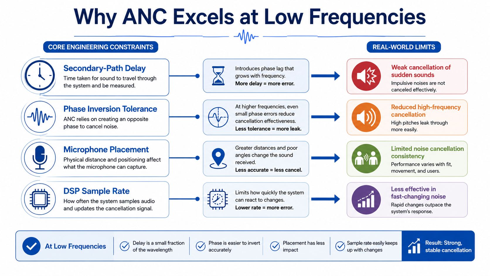 An infographic titled Why ANC Excels at Low Frequencies explaining the engineering constraints and real-world limits.