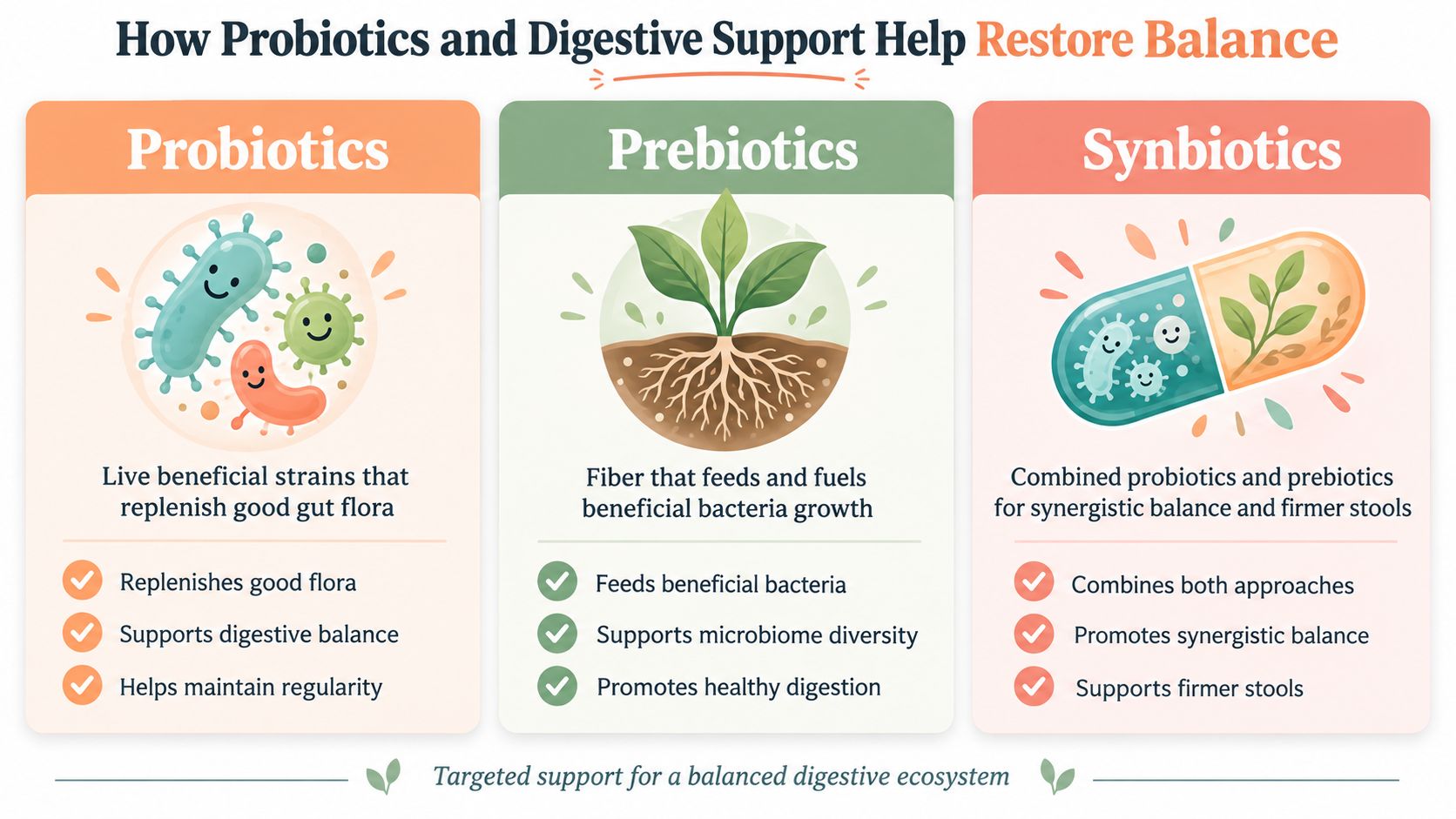 An infographic showing how probiotics, prebiotics, and synbiotics support gut health and maintain a balanced digestive system.