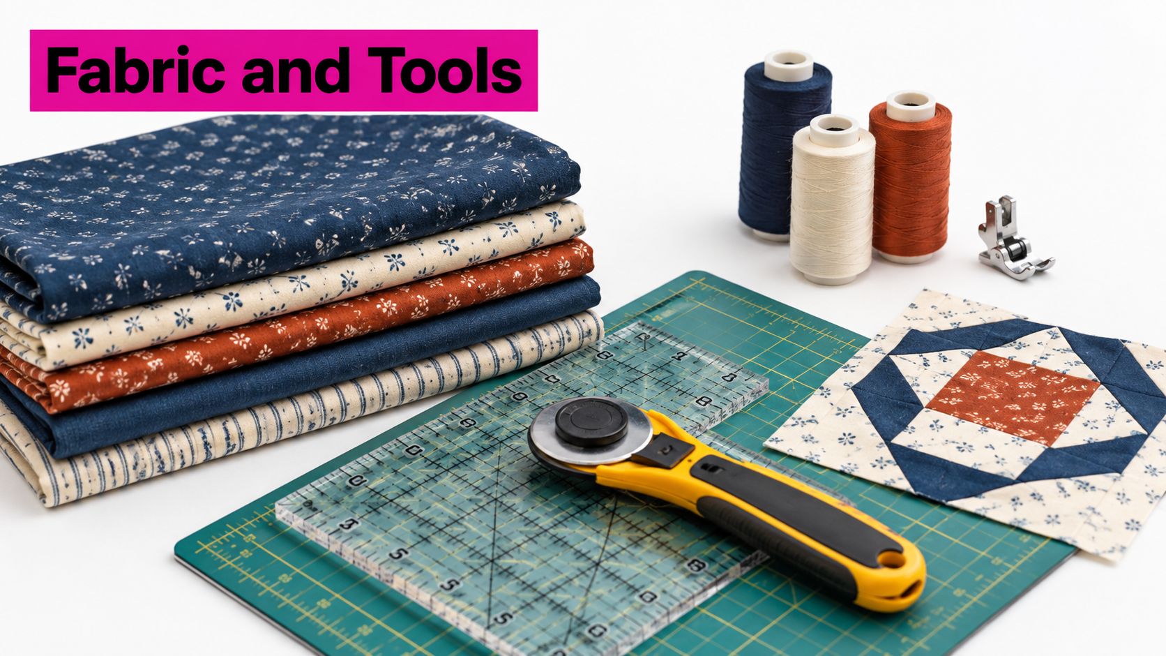 A stack of fabric, sewing threads, a rotary cutter, and a quilt block on a cutting mat.