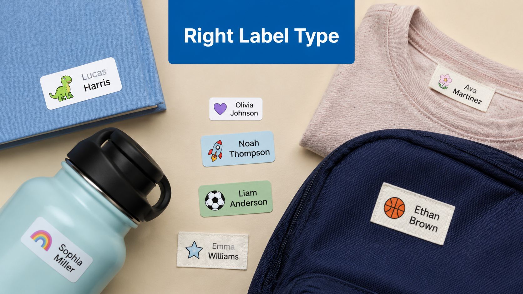 A collection of colorful personalized labels for children's belongings like books, bottles, clothing, and school backpacks.