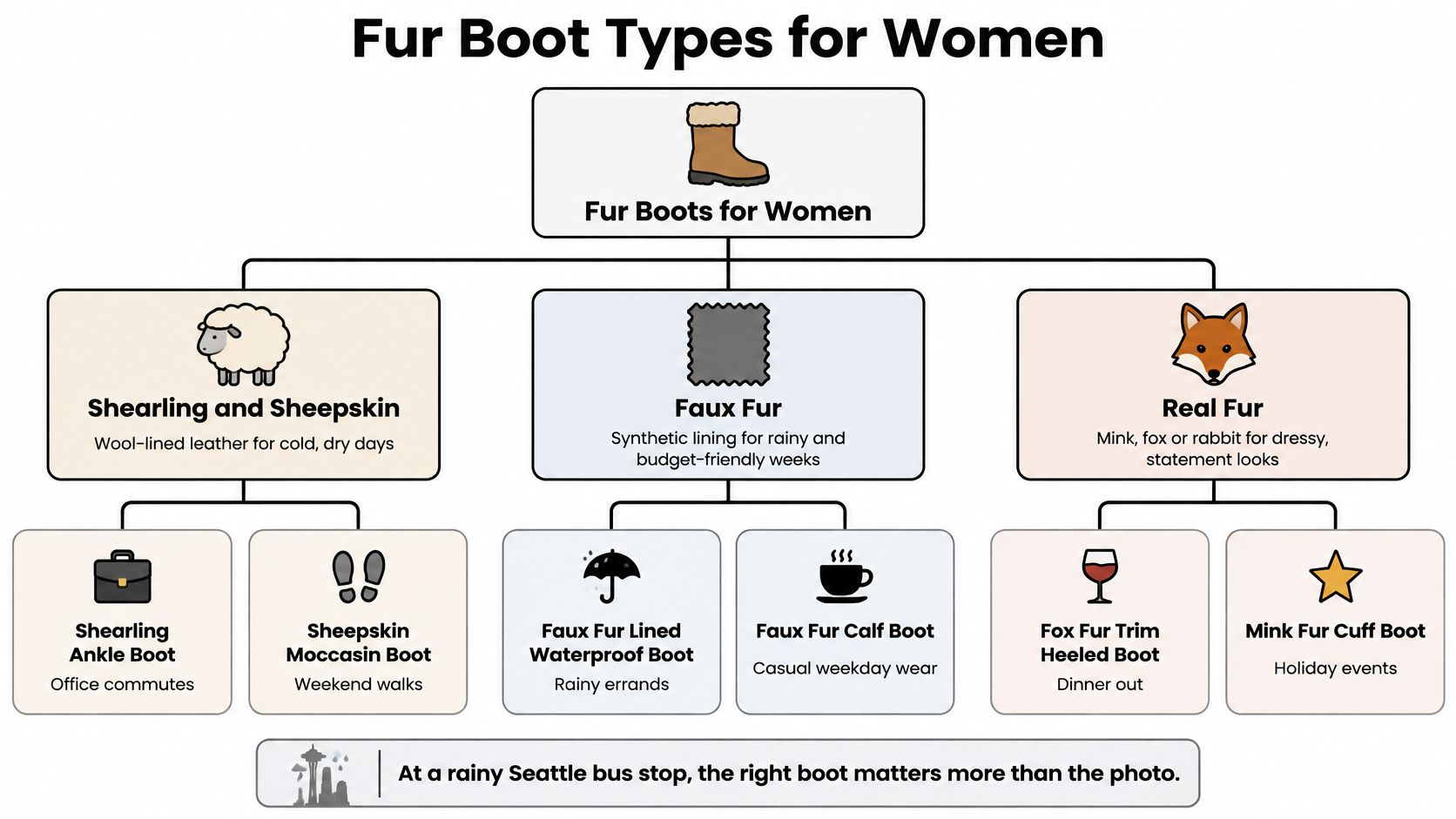 A flowchart categorizing types of fur boots for women, including shearling, faux fur, and real fur styles.