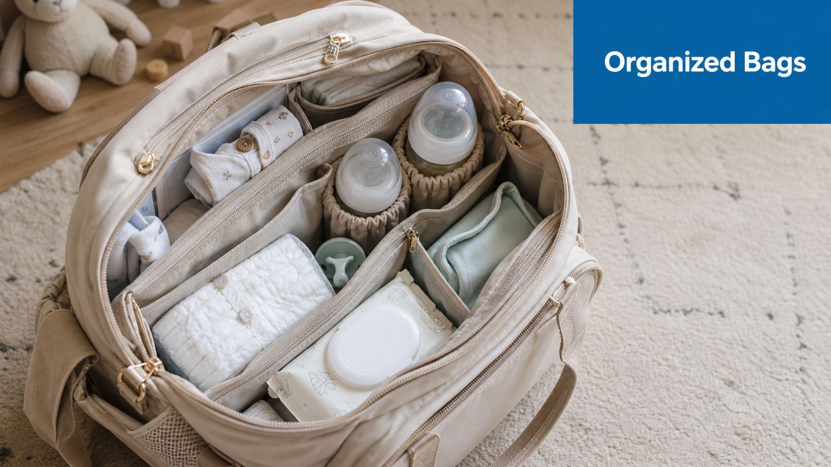 A beige diaper bag open on a rug, neatly organized with baby bottles, diapers, clothes, and wipes.
