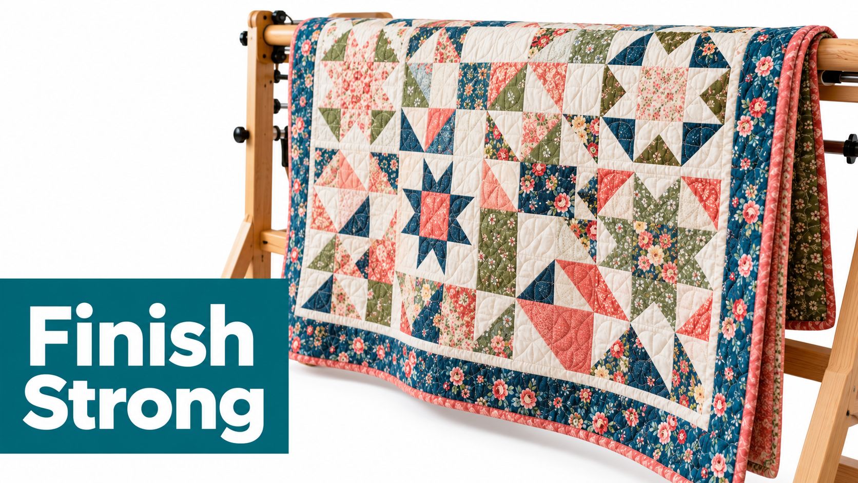 A beautiful patchwork quilt featuring a bear paw pattern displayed on a wooden quilting frame stand.