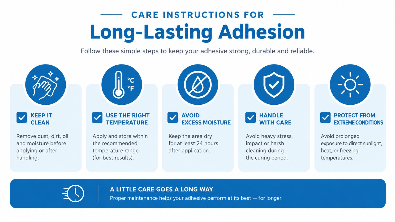 An infographic detailing five essential care instructions to ensure long-lasting adhesion for stickers and adhesive labels.