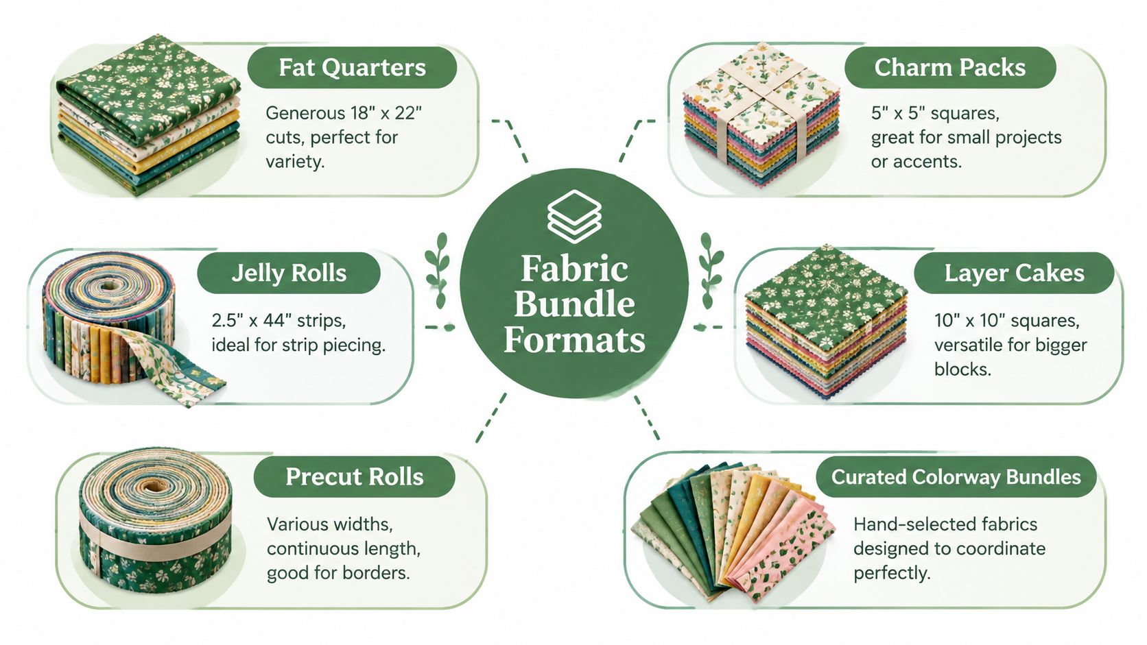A visual guide explaining various fabric bundle formats used in quilting, including precuts, jelly rolls, and fat quarters.