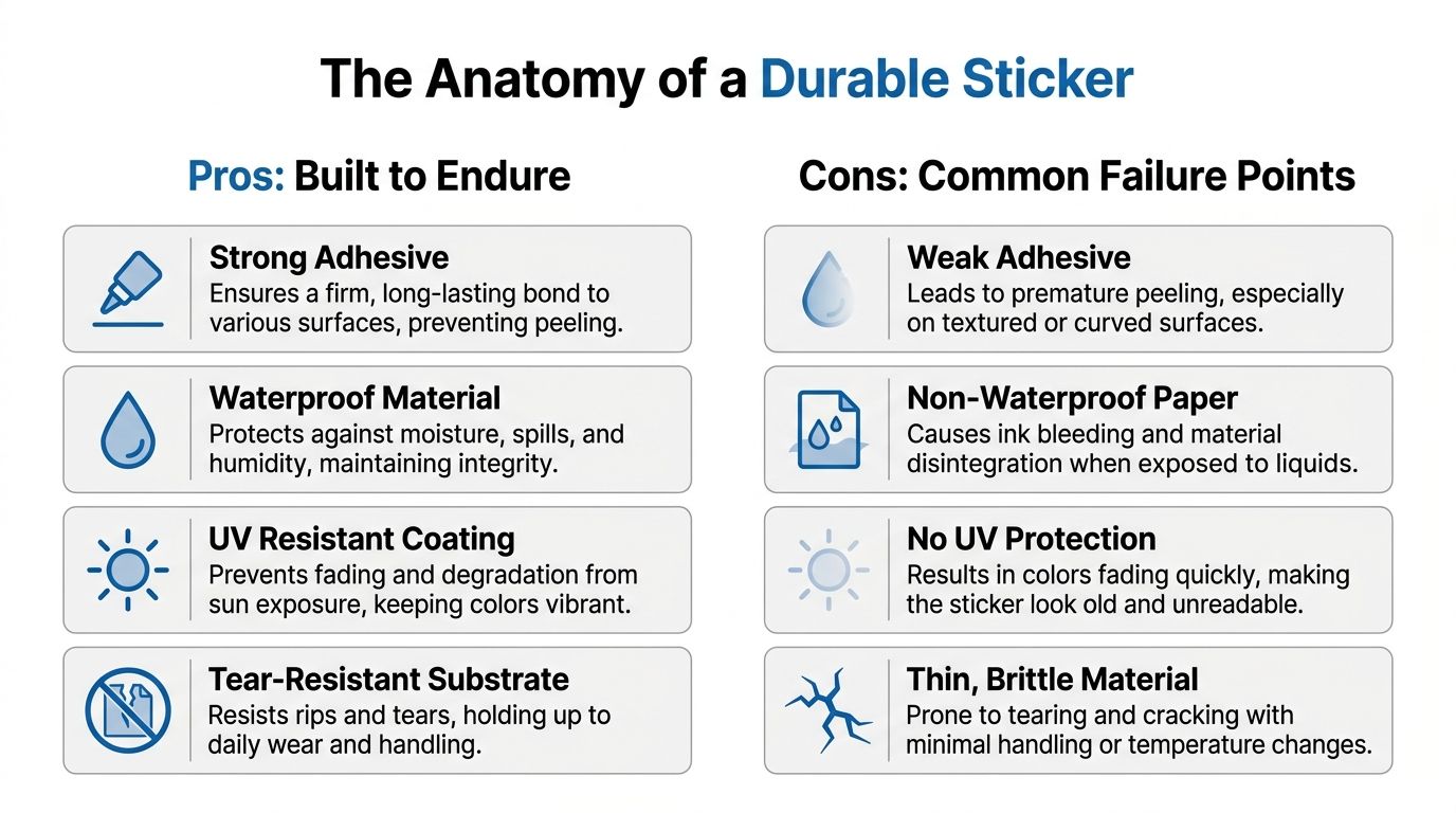 A comparison chart outlining the pros and cons of durable versus low-quality stickers regarding material and adhesives.
