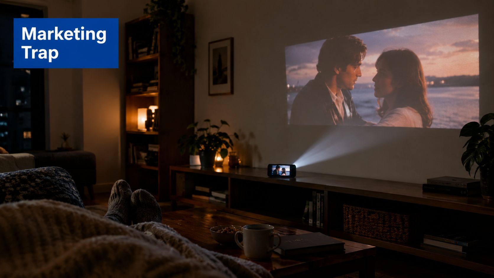 A cozy living room featuring a smartphone projecting a romantic movie onto the wall at night.