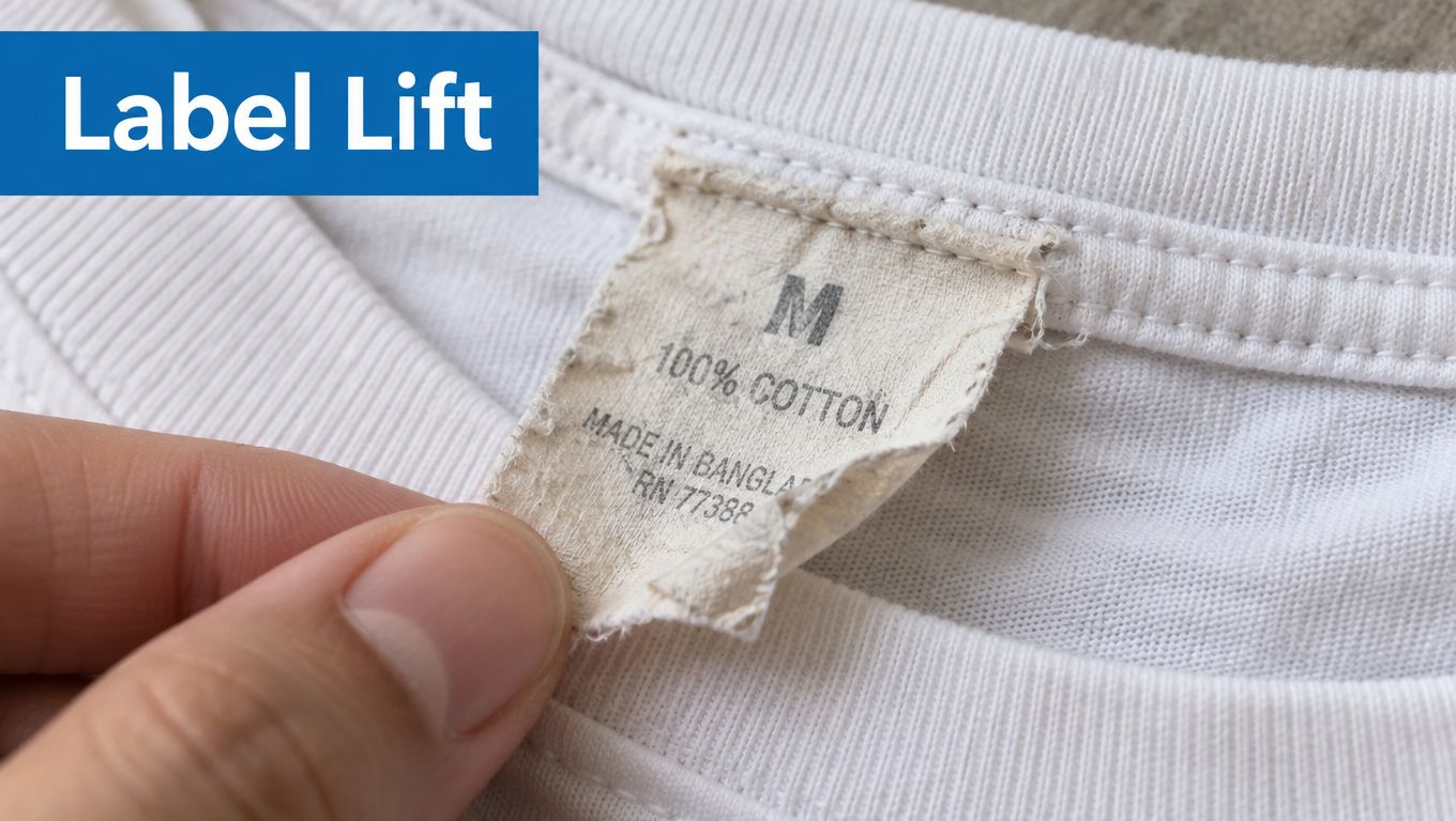 A close-up view of a person lifting a white cotton clothing tag with size M label.