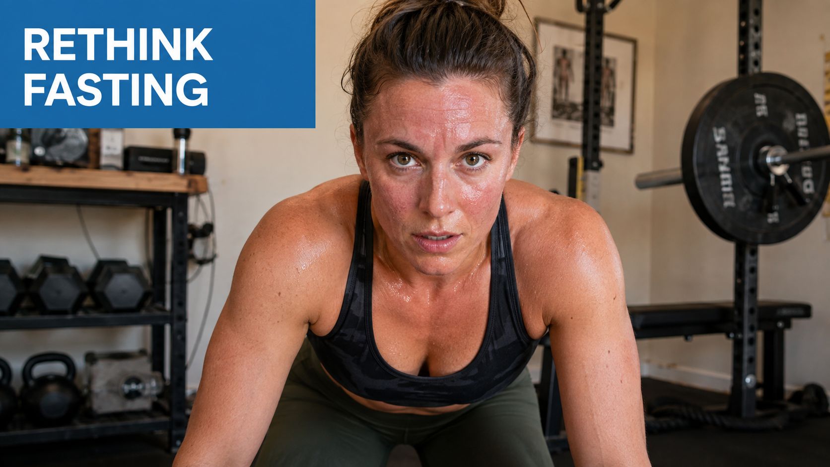 A sweaty woman with a focused expression working out in a home gym, with text overlay Rethink Fasting.