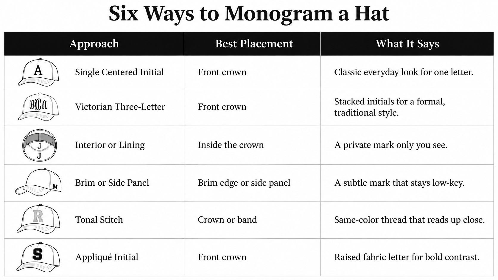 A chart showing six different stylish ways to monogram a hat with placement and descriptive details.