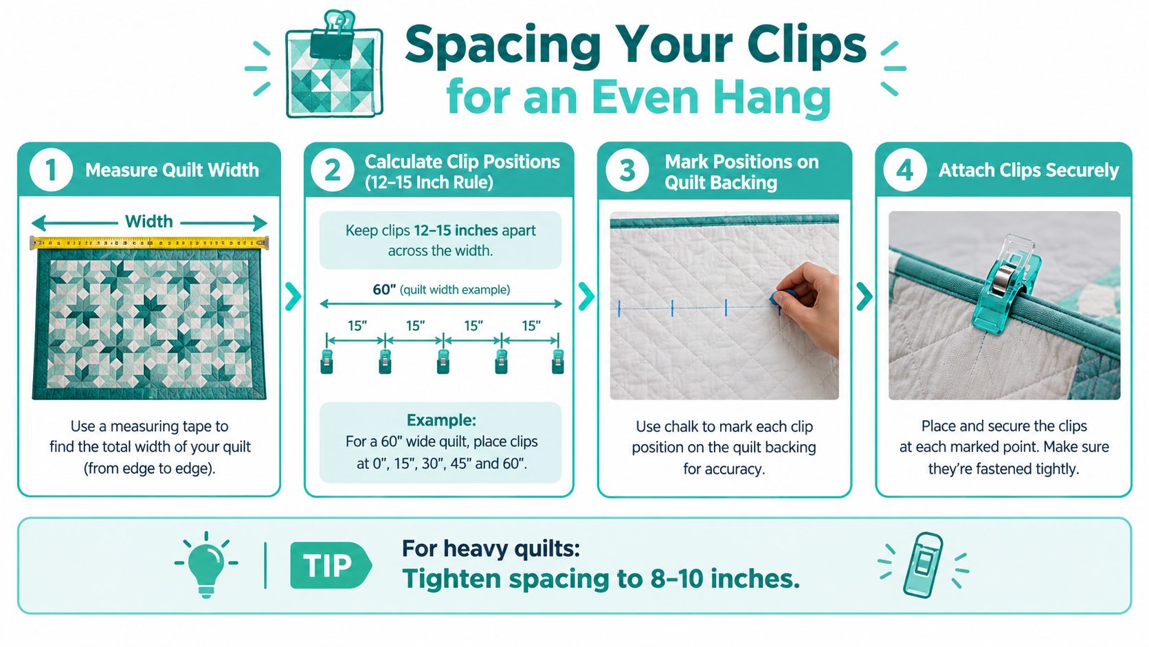 A step-by-step instructional graphic showing how to space hanging clips evenly across a quilt for mounting.