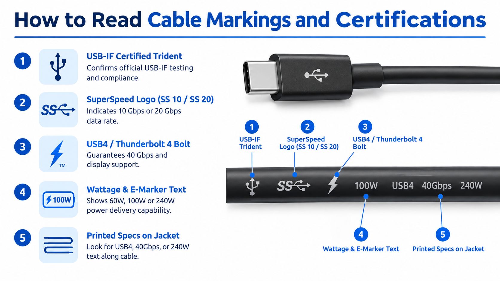 An infographic titled How to Read Cable Markings and Certifications detailing common USB-C cable symbols and specifications.