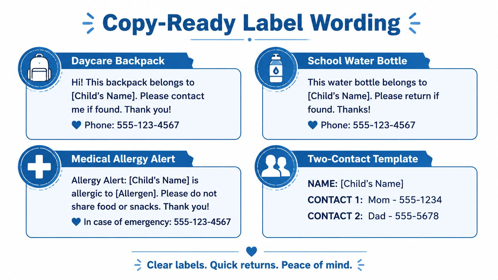 A graphic showing copy-ready text templates for kids' personal item labels including backpacks, water bottles, and allergies.