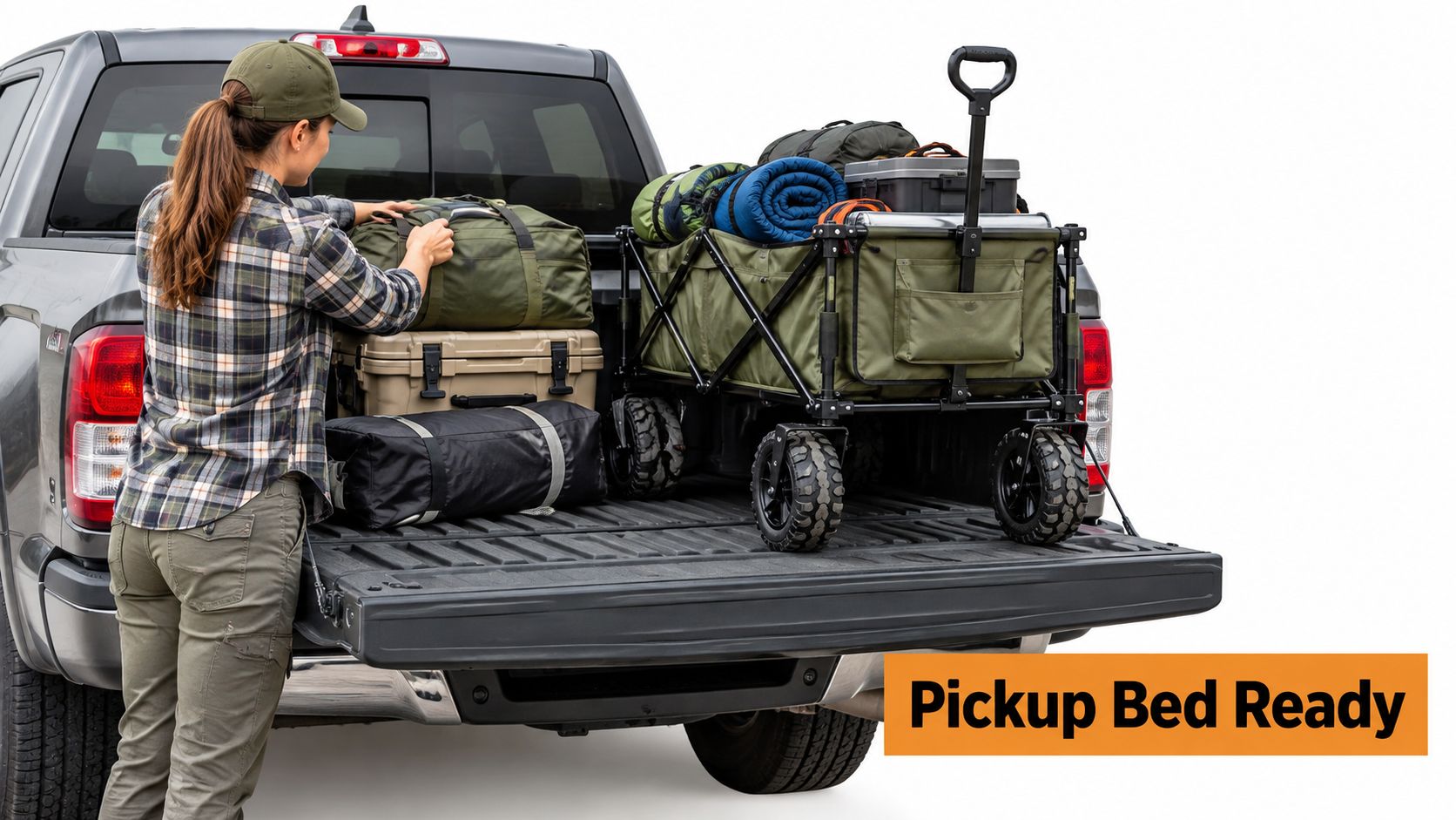 A woman loading camping gear into the bed of a pickup truck with an all-terrain wagon.
