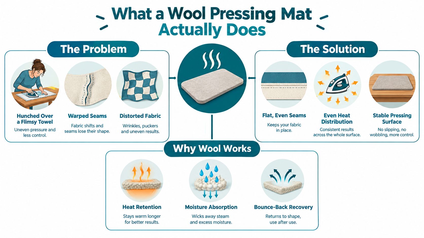 An infographic showing the benefits of using a wool pressing mat for sewing and quilting projects.
