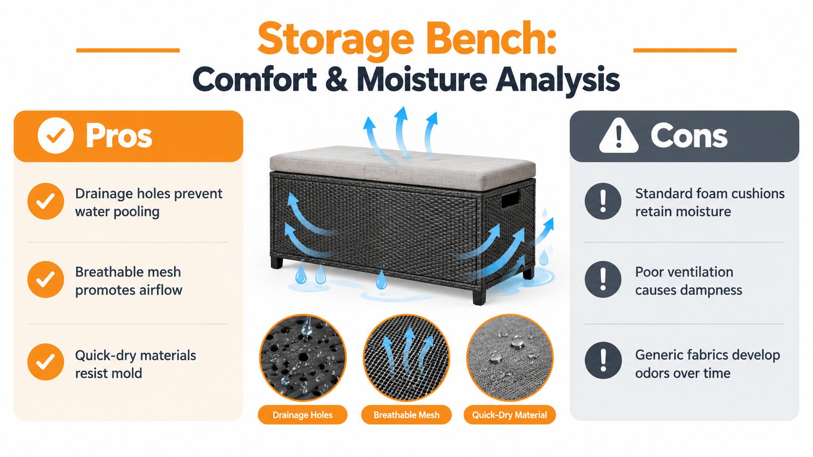 A comparison chart highlighting the pros and cons of a comfortable two seater outdoor storage bench.