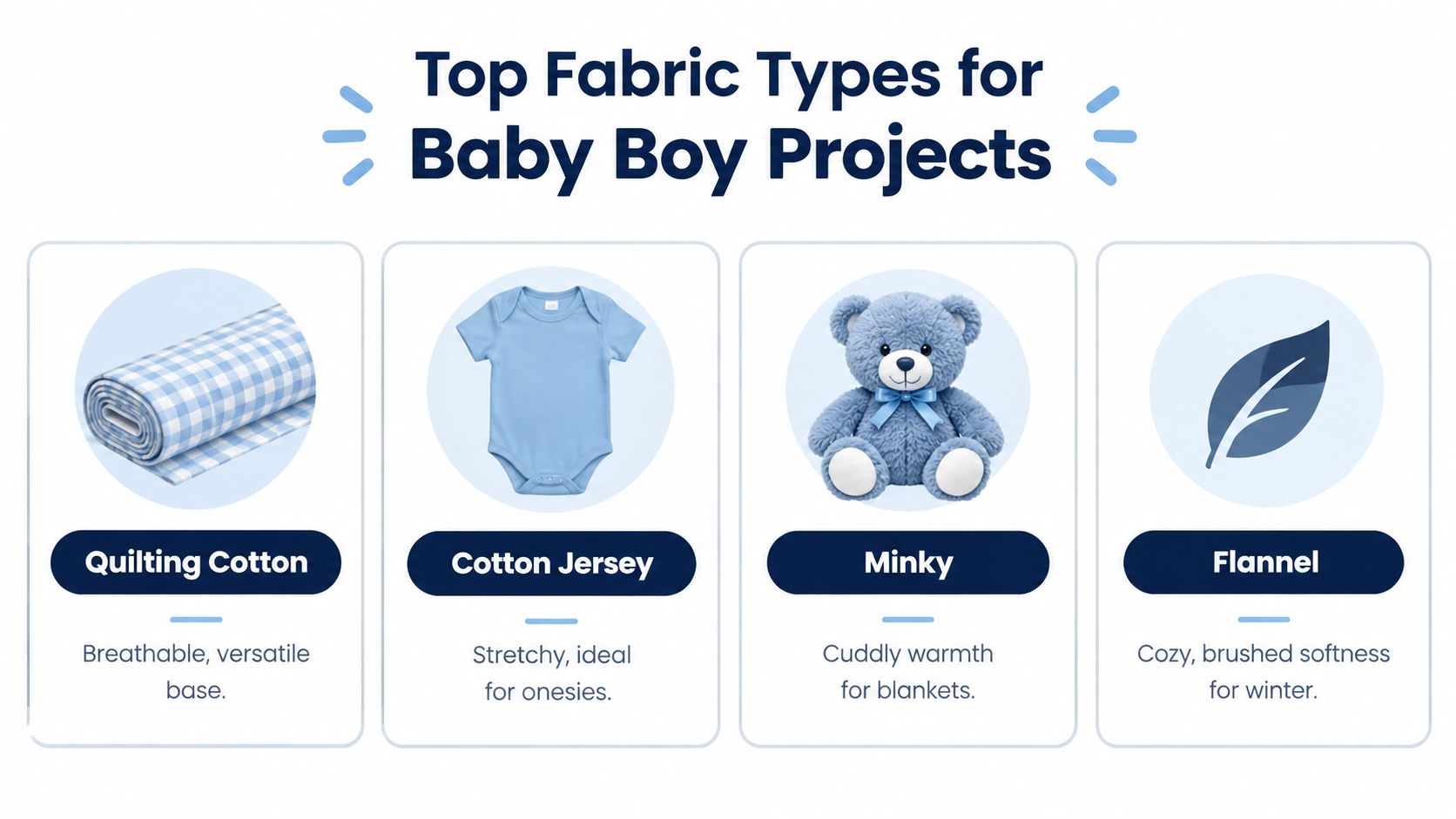An infographic showing top fabric types for baby boy projects, including quilting cotton, cotton jersey, minky, and flannel.