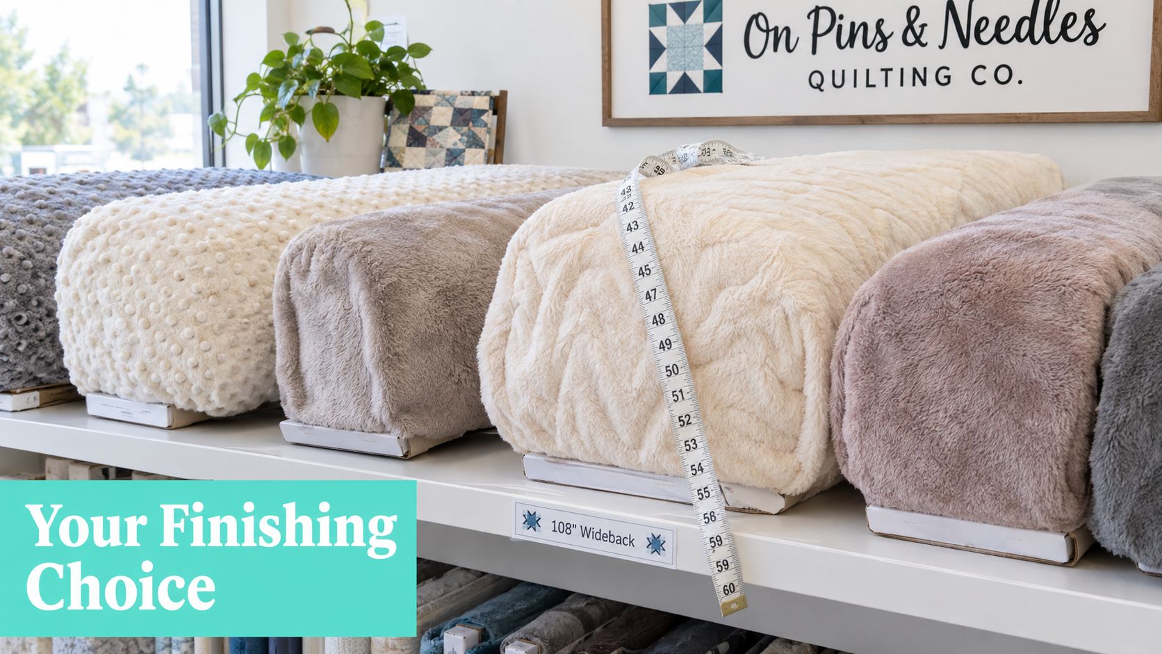 Several rolls of soft quilt backing fabric in cream, beige, and grey displayed on a shop shelf.