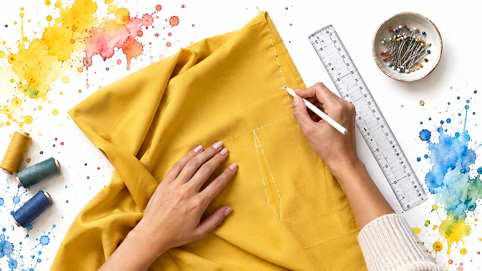 A person using chalk to mark a pattern onto a piece of yellow fabric with a ruler.
