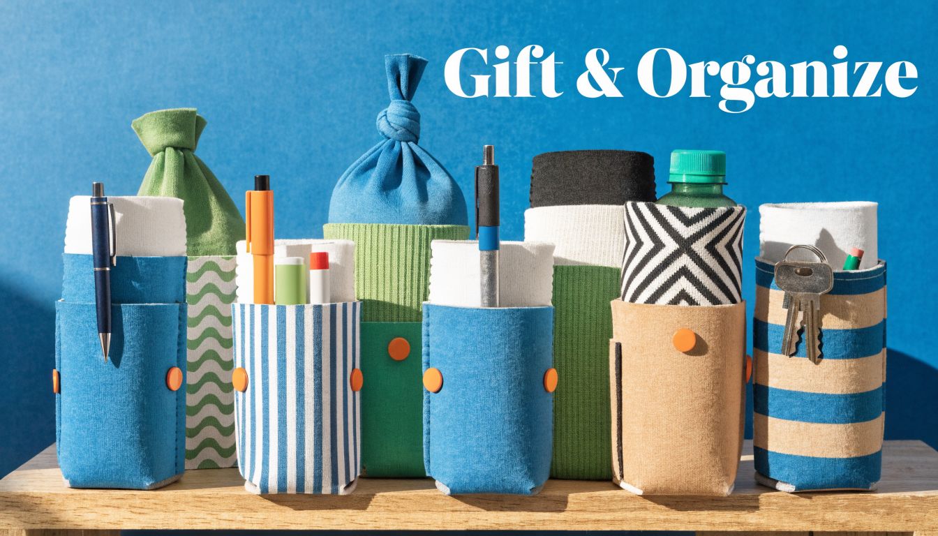 A row of colorful fabric organizer sleeves holding various stationery items, keys, and a water bottle.