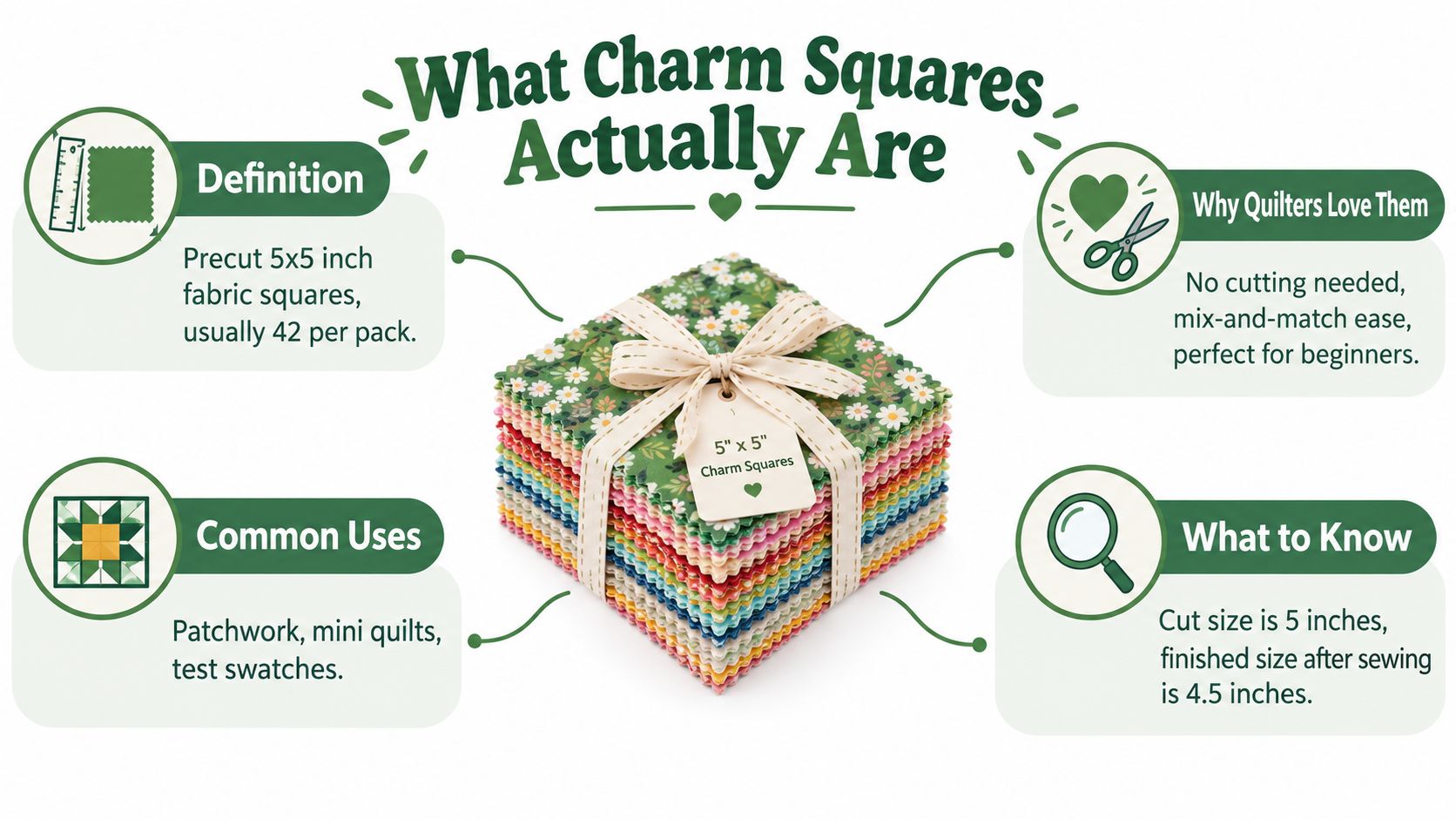 An infographic explaining what charm squares are, including their dimensions, common uses, and benefits for quilters.
