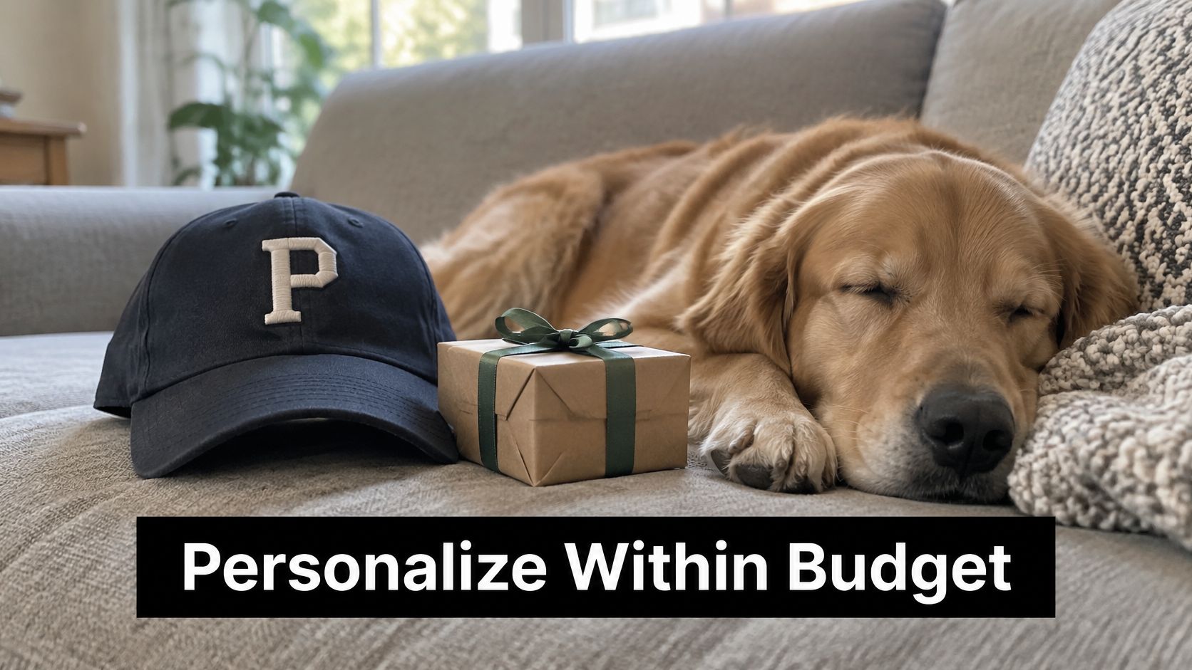 A golden retriever sleeping on a couch next to a monogrammed hat and a gift box.