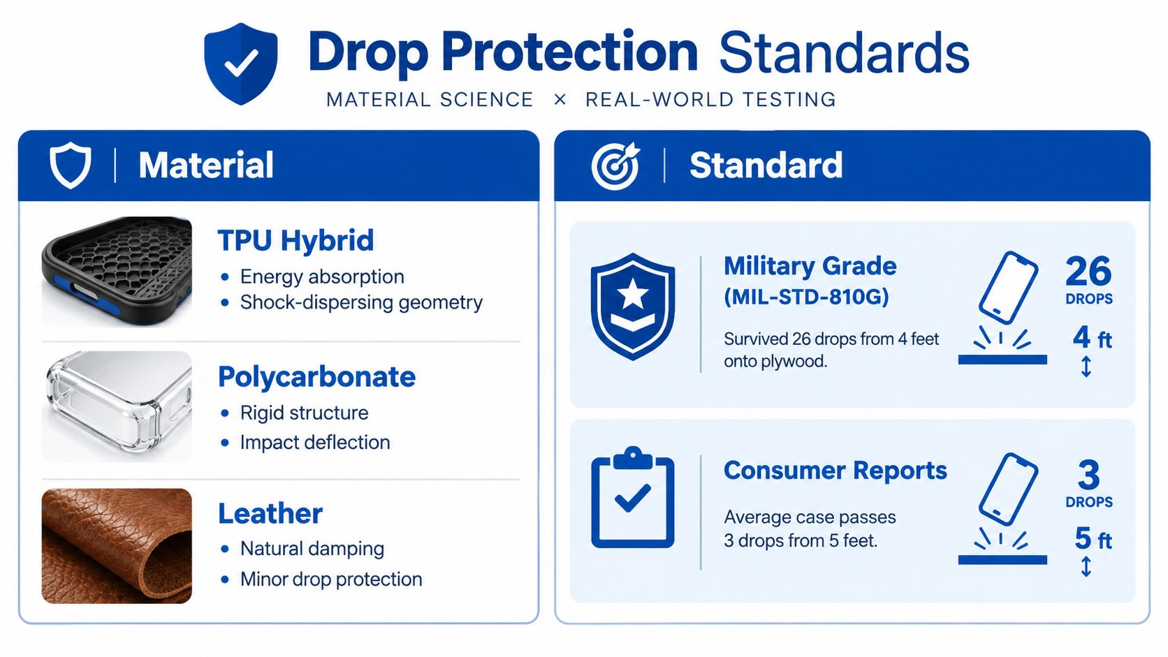 A comparison chart of phone case materials and drop protection standards including military grade and consumer testing.