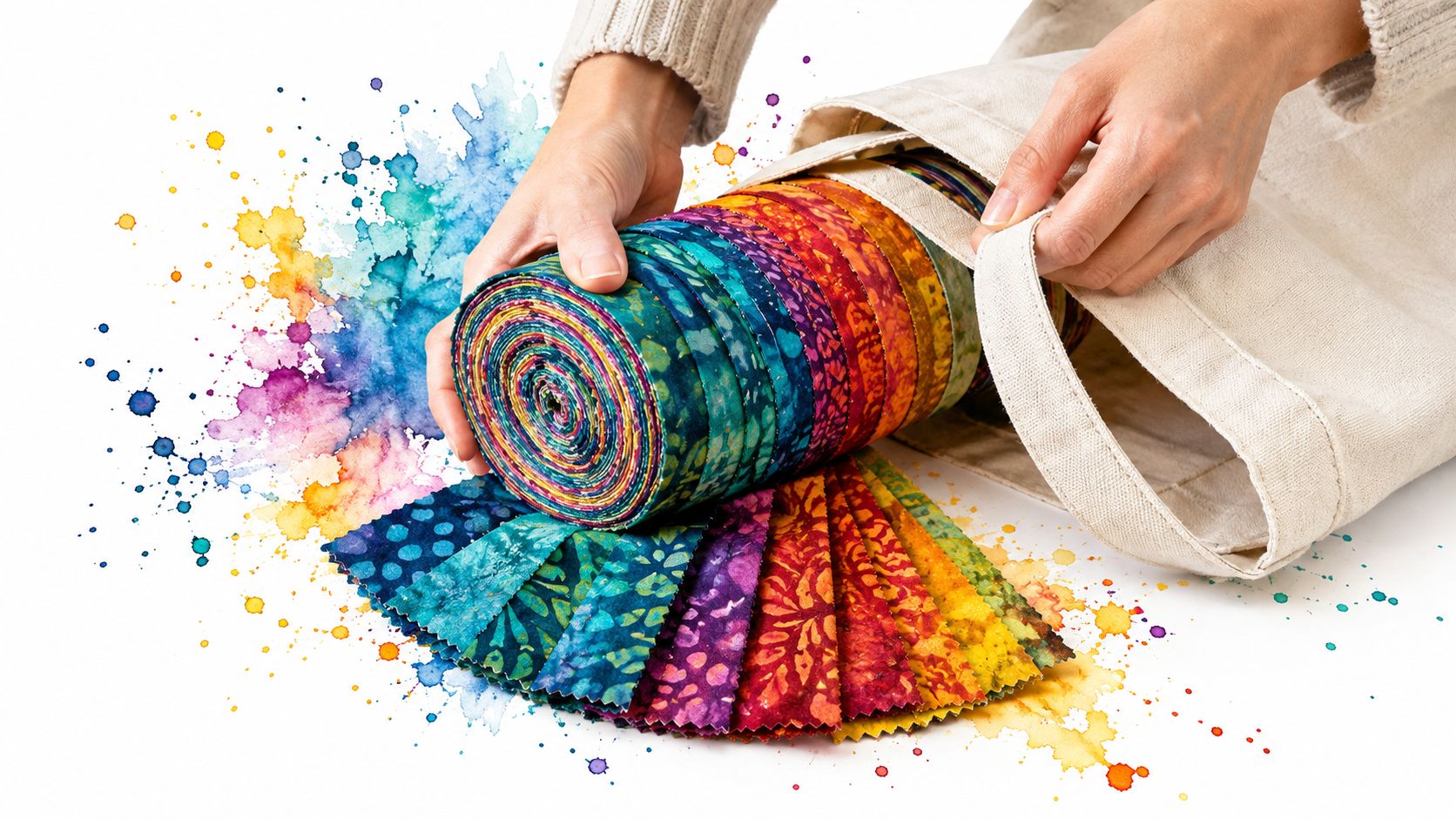Hands placing a vibrant rainbow-colored batik fabric jelly roll into a plain canvas tote bag.