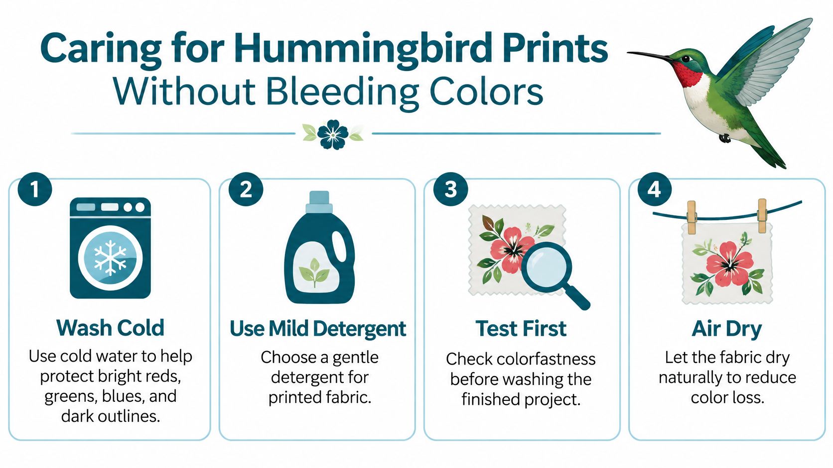 An infographic detailing four steps to care for hummingbird printed fabrics to prevent color bleeding.