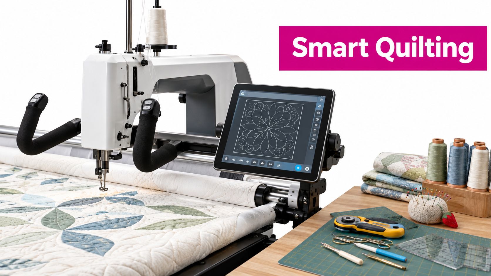A professional longarm quilting machine with a digital tablet interface for automated fabric stitching patterns.