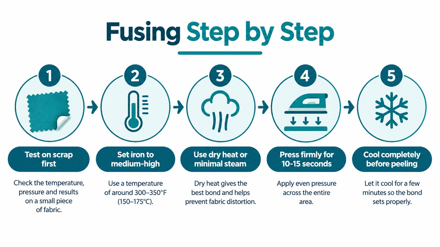 A five-step instructional infographic showing how to properly apply fusible webbing to fabric using an iron.