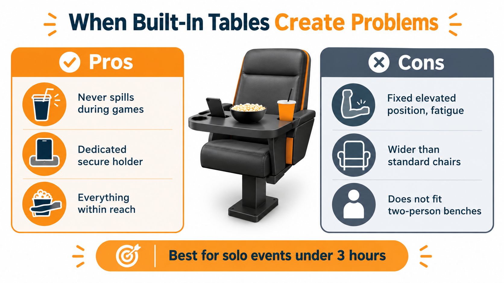An infographic comparing pros and cons of chairs with built-in tables, suggesting they are for short solo events.