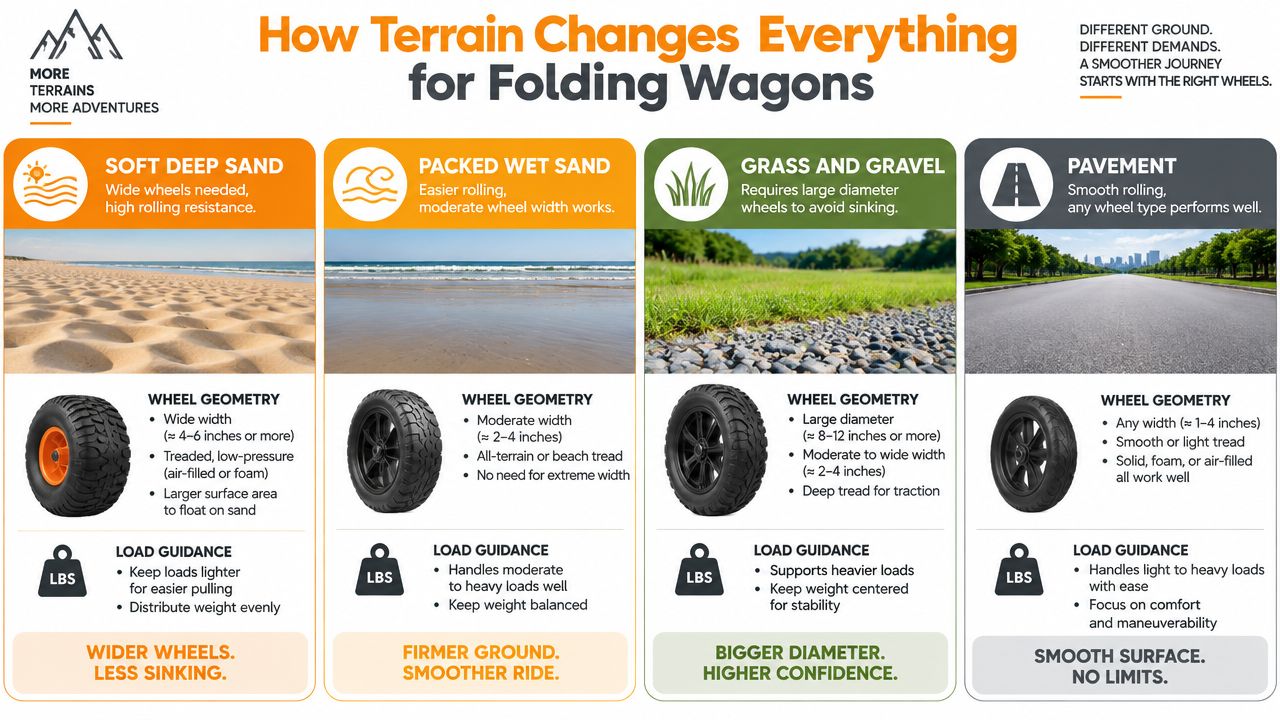An infographic showing the best types of folding wagon wheels for different terrains like sand, grass, and pavement.