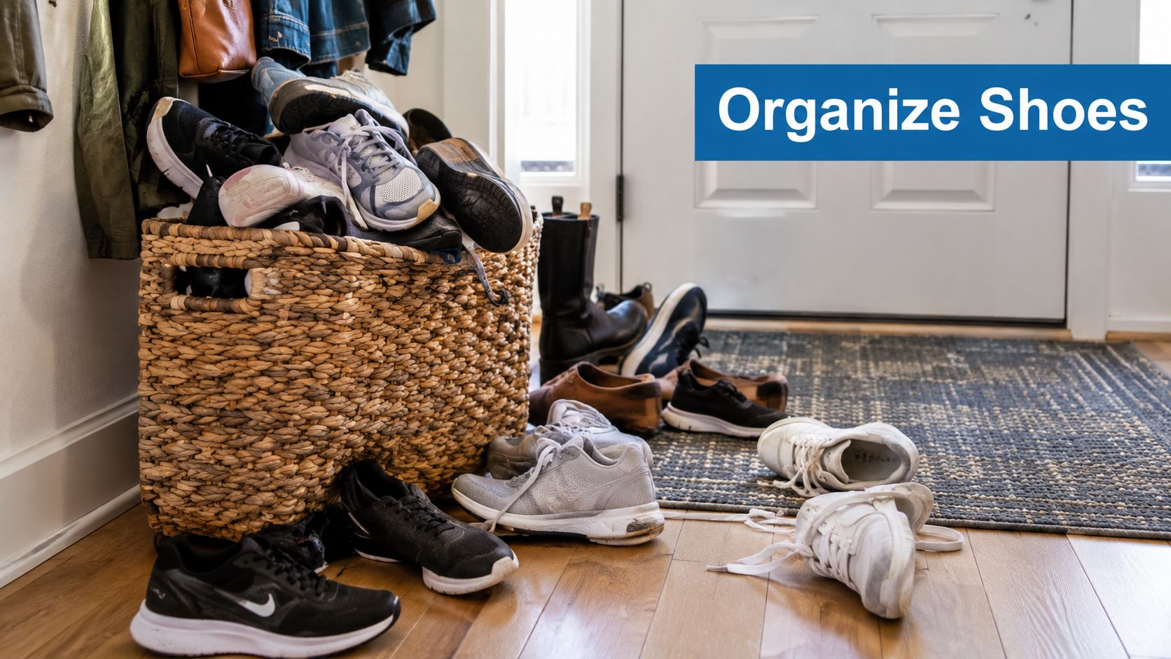A pile of assorted sneakers and boots disorganized in a wicker basket near a house entrance.