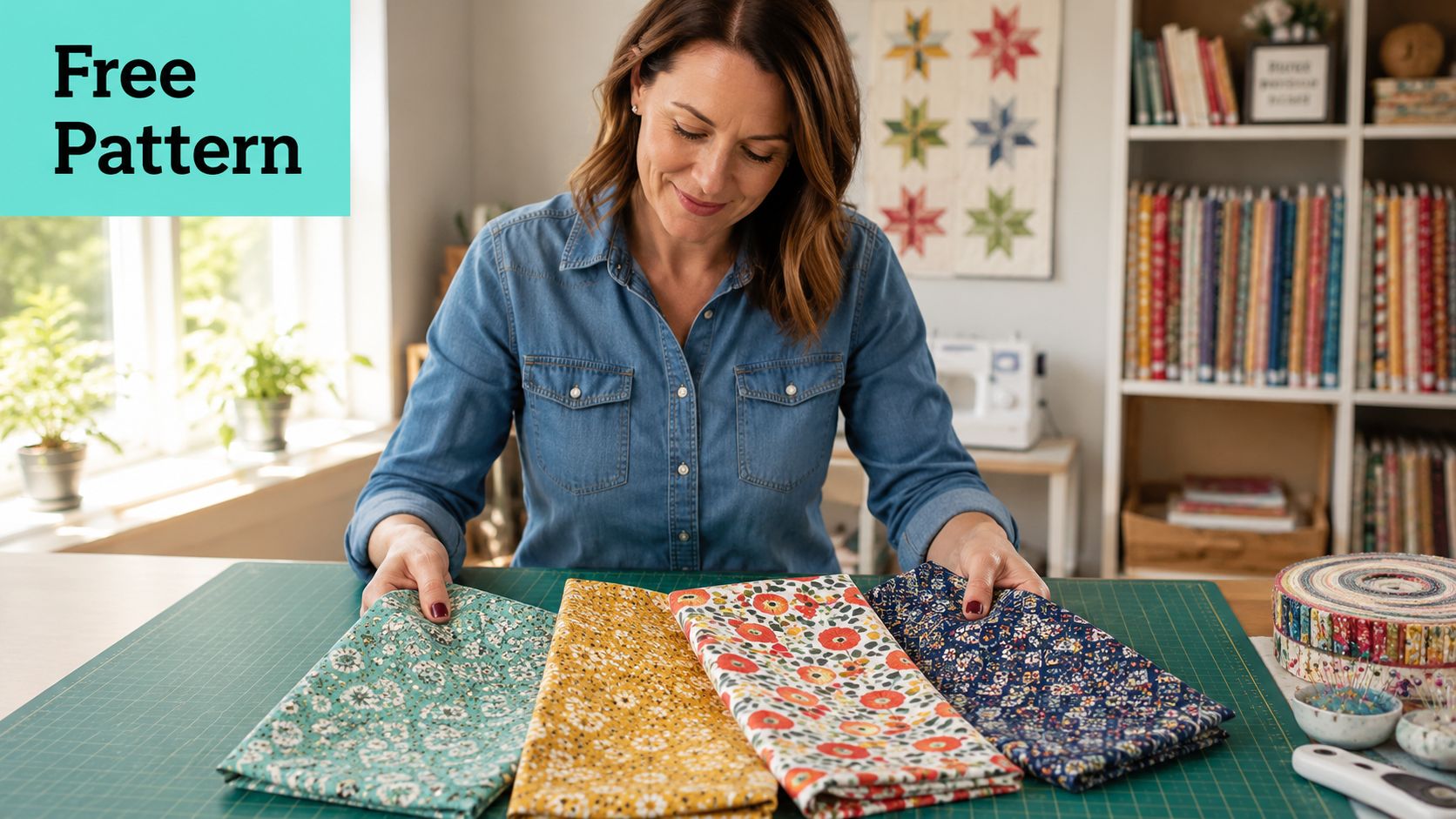 A smiling woman displays four folded pieces of patterned fabric on a green cutting mat.