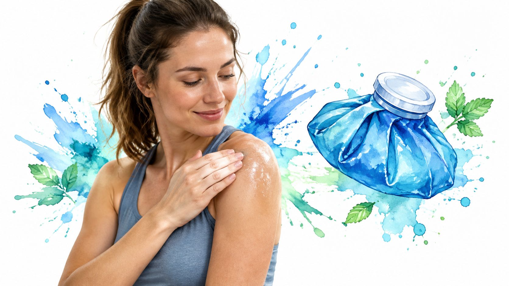 A young woman applying cooling menthol pain relief gel to her shoulder with an ice pack illustration.
