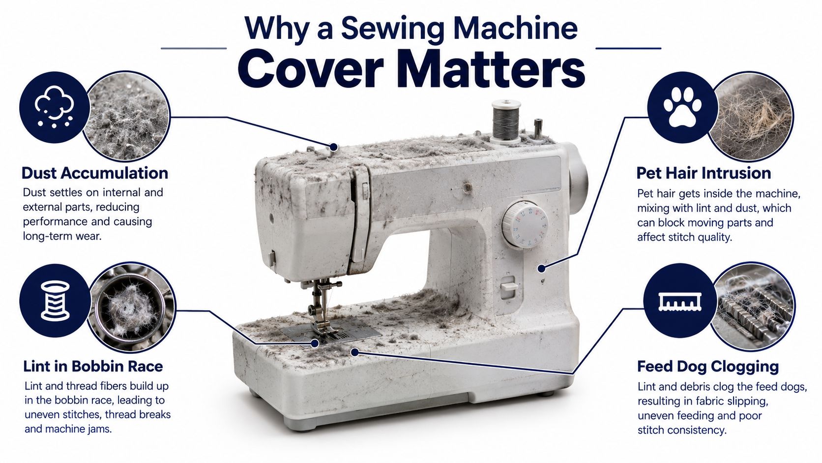 A dirty, dusty sewing machine illustrating the importance of using a protective sewing machine cover.